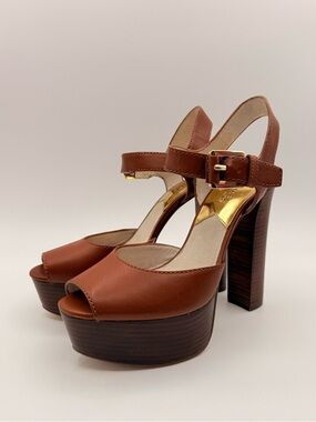 MICHAEL KORS Leather Platform Heels Brown Peep Toe Chunky Sandals 8.5